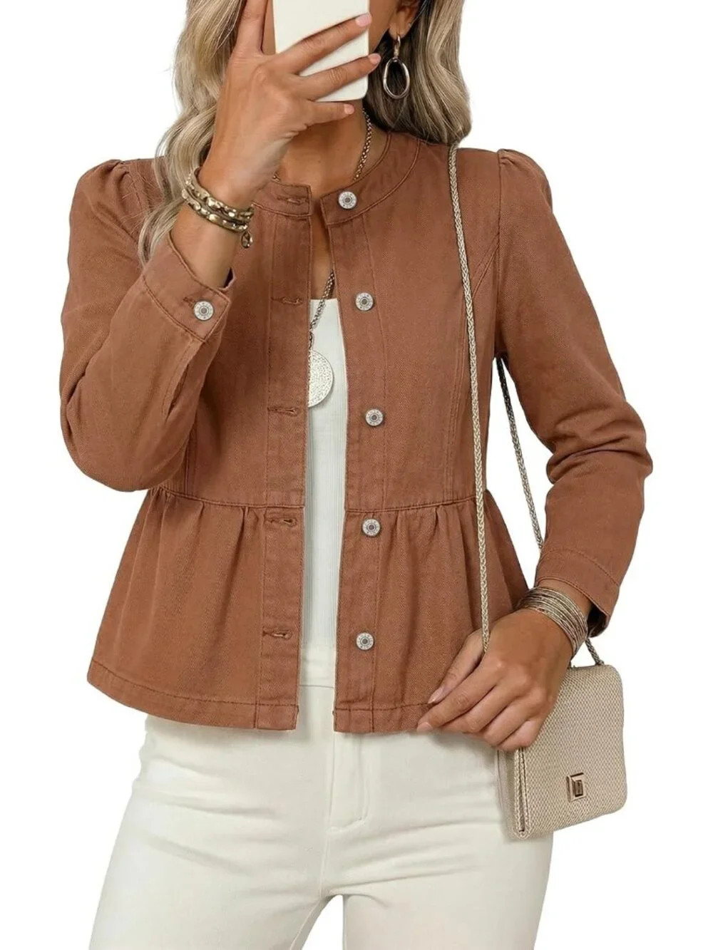 Women's Brown Button Down Long Sleeve Collarless Cinched Waist Denim Jackets